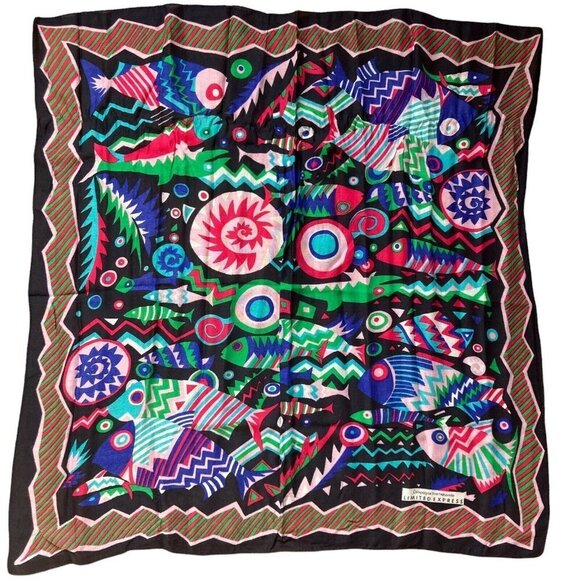 Vintage Limited Express Fish Scarf Blue Pink 30 inch Square Geometric Bold Print - Picture 2 of 6